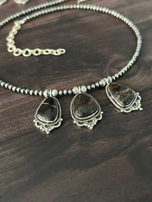 Handmade Sterling Silver Blackjack Turquoise Collection: Beaded Necklace Signed Nizhoni