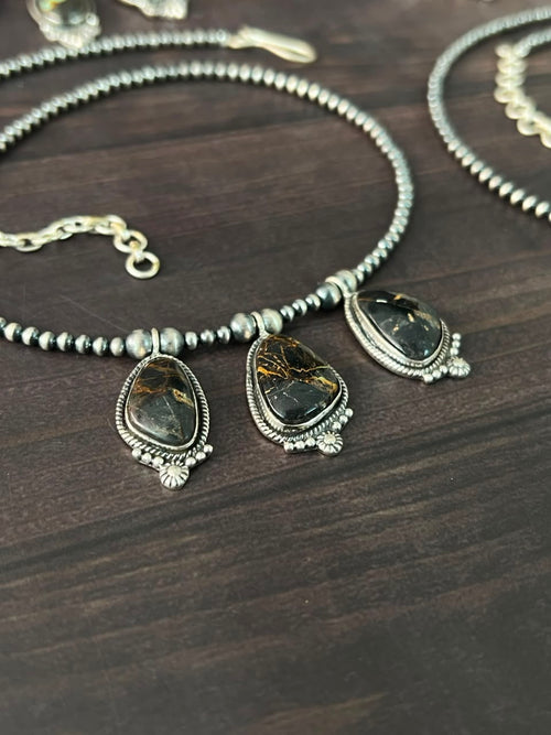 Handmade Sterling Silver Blackjack Turquoise Collection: Beaded Necklace Signed Nizhoni