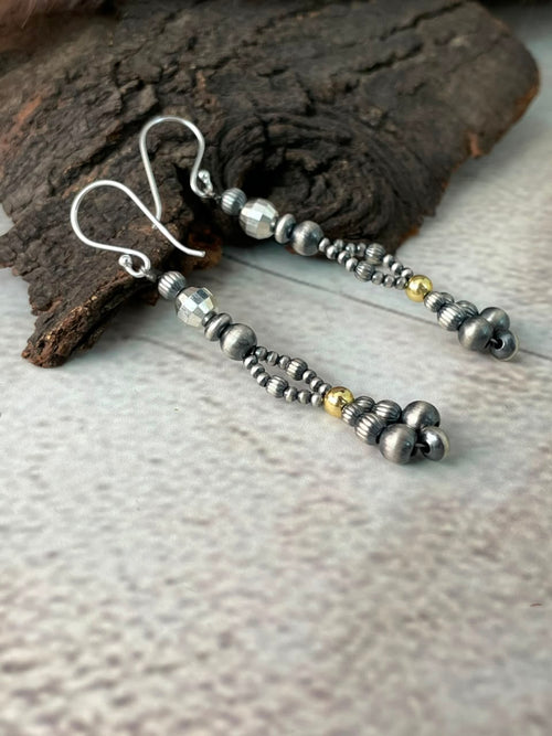 Handmade Sterling Silver Hook Dangle Gold Shiny Beaded Earrings