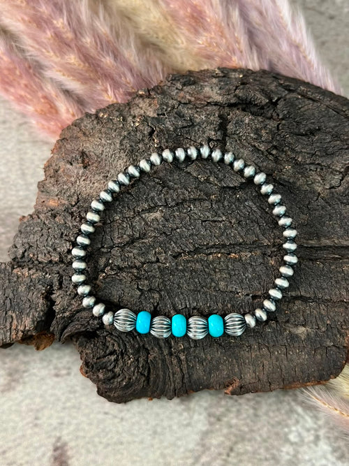 Handmade Sterling Silver Kingman Turquoise Stretchy Beaded Bracelet