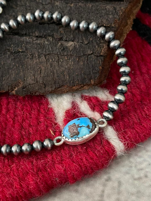 Handmade Sterling Silver Golden Hills and Sierra Bella Turquoise Stretchy Beaded Bracelet Signed Nizhoni