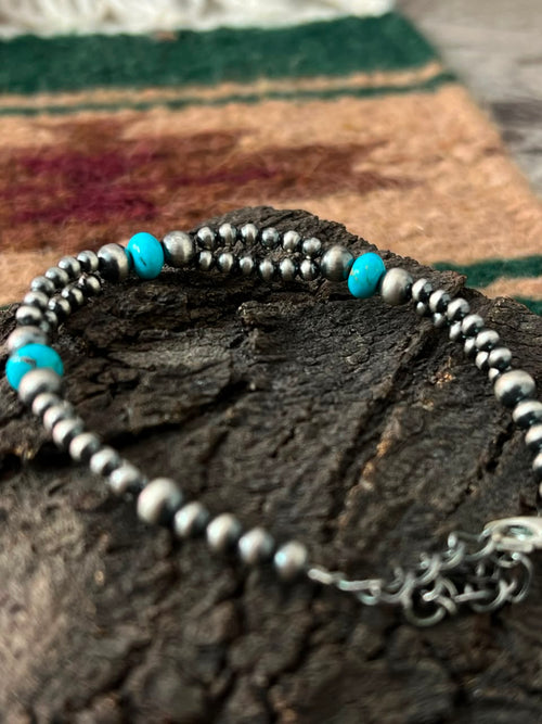 Handmade Sterling Silver Beaded Kingman Turquoise Chain Bracelet Signed Nizhoni