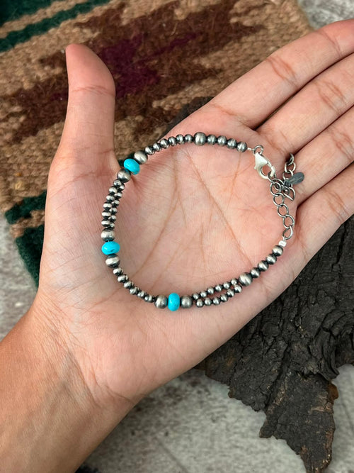 Handmade Sterling Silver Beaded Kingman Turquoise Chain Bracelet Signed Nizhoni