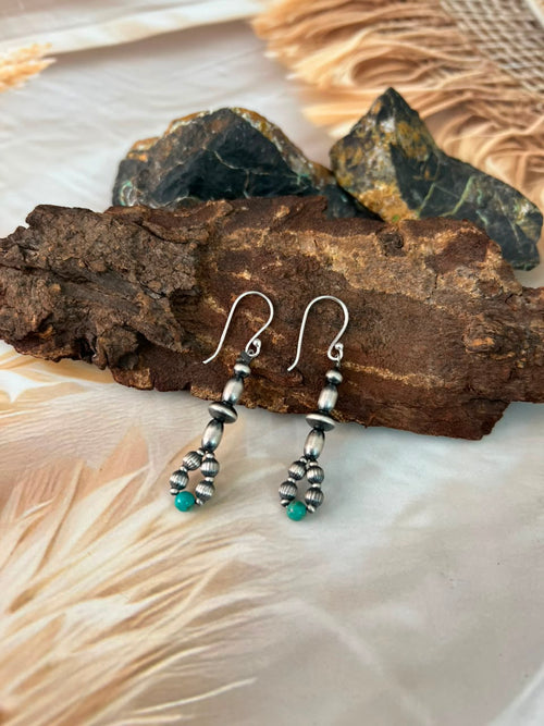 Handmade Sterling Silver Kingman Turquoise Hook Dangle Beaded Earrings