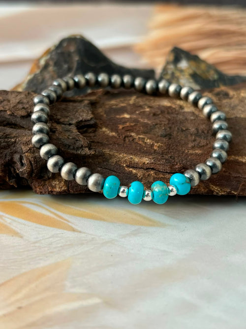 Handmade Sterling Silver Kingman Turquoise Stretchy Beaded Bracelet