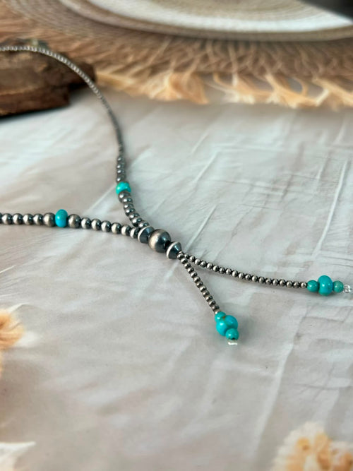 Handmade Sterling Silver Kingman Turquoise Beaded Necklace Signed Nizhoni