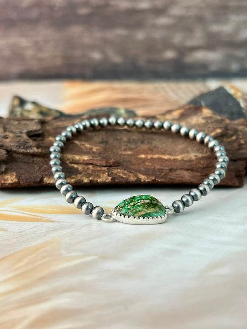 Handmade Sterling Silver Sonoran Mountain Turquoise Stretchy Beaded Bracelet Signed Nizhoni