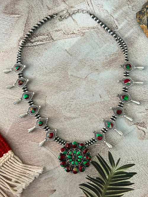 Handmade Sterling Silver Christmas Dahlia Collection: Beaded Squash Blossom Necklace Signed Nizhoni