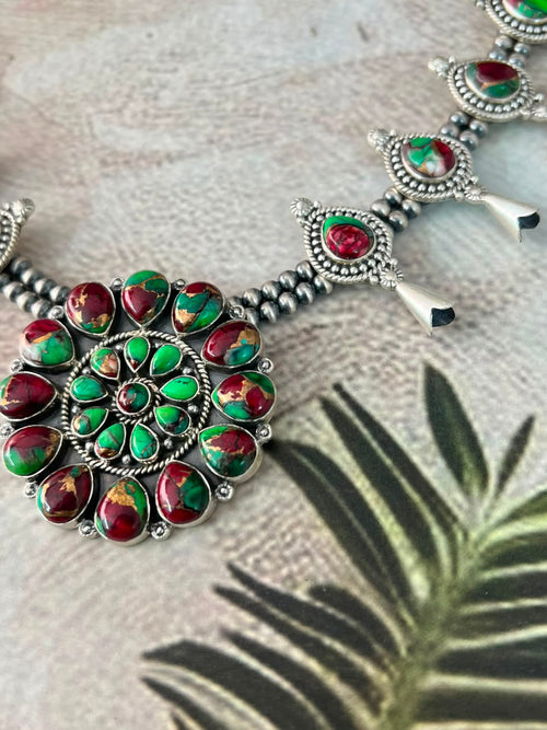Handmade Sterling Silver Christmas Dahlia Collection: Beaded Squash Blossom Necklace Signed Nizhoni