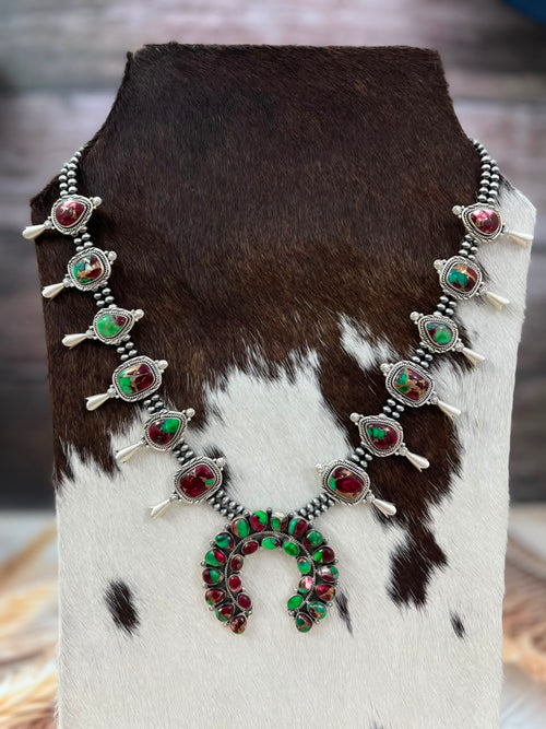 Handmade Sterling Silver Christmas Dahlia Collection: Beaded Squash Blossom Naja Necklace Signed Nizhoni