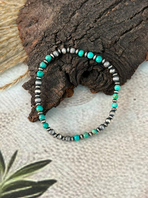 Handmade Sterling Silver Kingman Turquoise Stretchy Beaded Bracelet