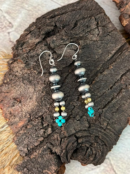 Handmade Sterling Silver Kingman Turquoise Hook Dangle Beaded Earrings