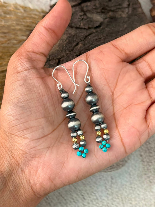 Handmade Sterling Silver Kingman Turquoise Hook Dangle Beaded Earrings