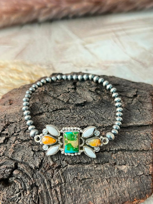 Handmade Sterling Silver Sonoran Mountain Turquoise with Bumblebee and White Buffalo Spring Collection: Stretchy Beaded Bracelet Signed Nizhoni