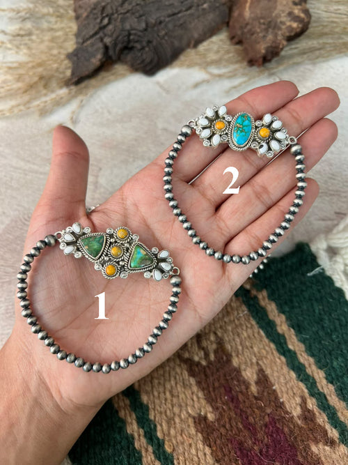 Handmade Sterling Silver Sonoran Mountain Turquoise with Bumblebee and White Buffalo Spring Collection: Stretchy Beaded Bracelet Signed Nizhoni