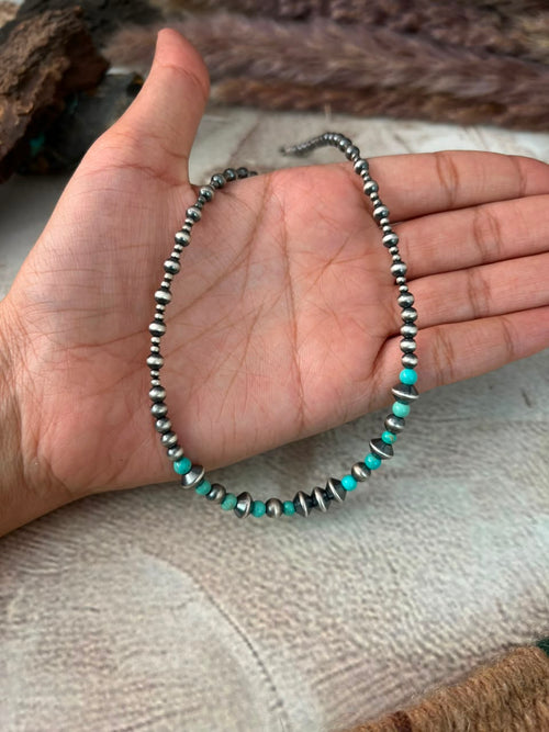 Handmade Sterling Silver Kingman Turquoise Beaded Necklace Signed Nizhoni