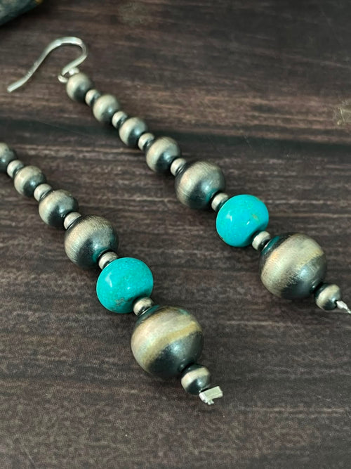Handmade Sterling Silver Kingman Turquoise Hook Dangle Beaded Earrings