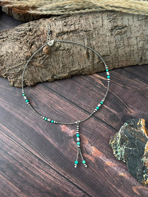 Handmade Sterling Silver Kingman Turquoise Beaded Necklace Signed Nizhoni