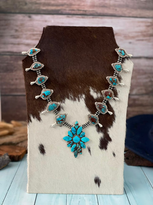 Handmade Sterling Silver Egyptian Turquoise Collection: Beaded Squash Blossom Necklace Signed Nizhoni
