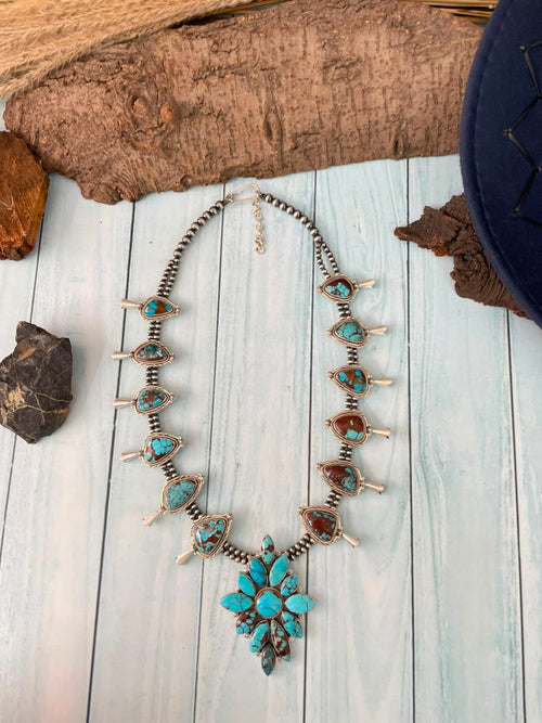 Handmade Sterling Silver Egyptian Turquoise Collection: Beaded Squash Blossom Necklace Signed Nizhoni