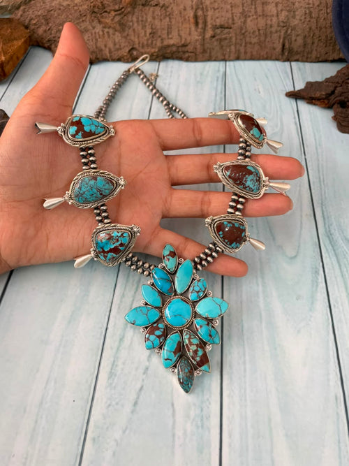 Handmade Sterling Silver Egyptian Turquoise Collection: Beaded Squash Blossom Necklace Signed Nizhoni