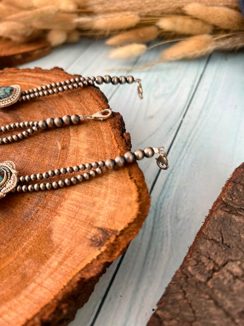 Handmade Sterling Silver Egyptian Turquoise Collection: Beaded Chain Bracelet Signed Nizhoni