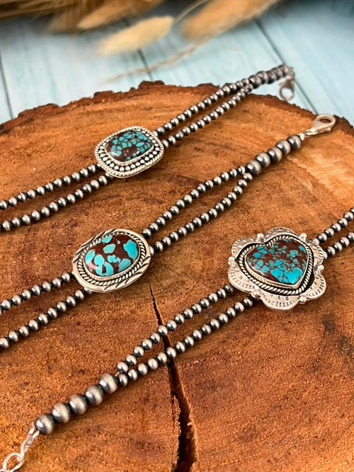 Handmade Sterling Silver Egyptian Turquoise Collection: Beaded Chain Bracelet Signed Nizhoni