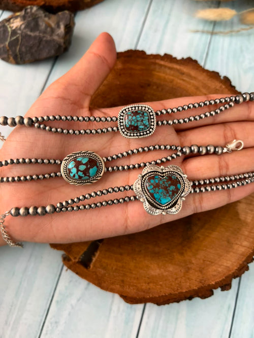 Handmade Sterling Silver Egyptian Turquoise Collection: Beaded Chain Bracelet Signed Nizhoni