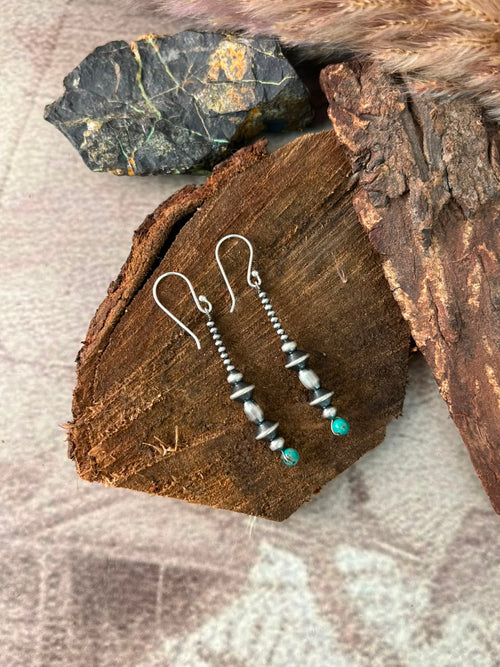 Handmade Sterling Silver Kingman Turquoise Hook Dangle Beaded Earrings