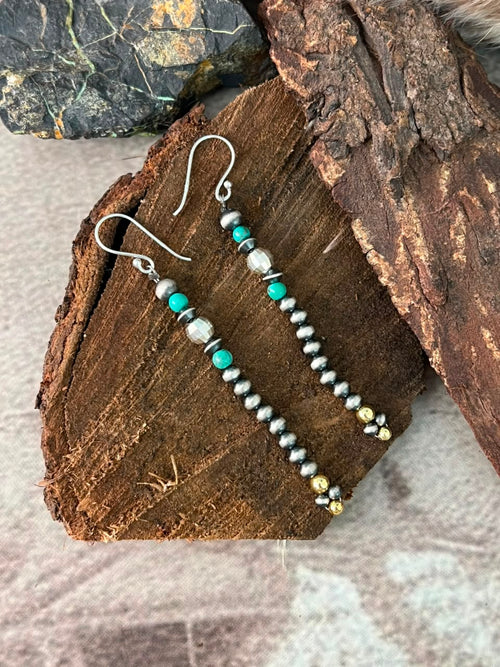 Handmade Sterling Silver Kingman Turquoise Shiny Golden Hook Dangle Beaded Earrings