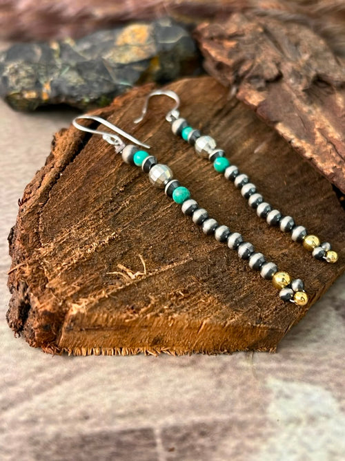 Handmade Sterling Silver Kingman Turquoise Shiny Golden Hook Dangle Beaded Earrings