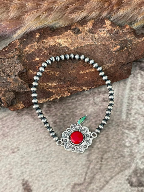 Handmade Sterling Silver Rosarita with Kingman Turquoise Cherry Stretchy Beaded Bracelet Signed Nizhoni