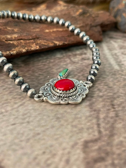 Handmade Sterling Silver Rosarita with Kingman Turquoise Cherry Stretchy Beaded Bracelet Signed Nizhoni