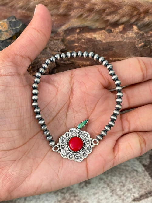 Handmade Sterling Silver Rosarita with Kingman Turquoise Cherry Stretchy Beaded Bracelet Signed Nizhoni