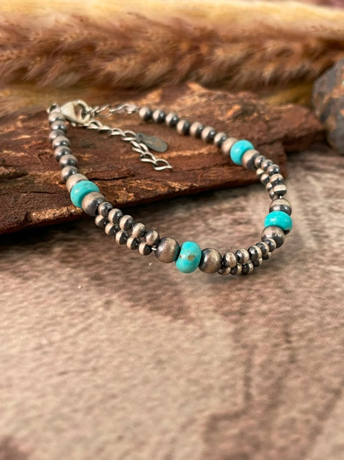 Handmade Sterling Silver Kingman Turquoise Beaded Chain Bracelet Signed Nizhoni