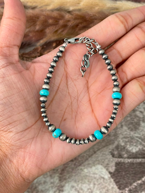 Handmade Sterling Silver Kingman Turquoise Beaded Chain Bracelet Signed Nizhoni