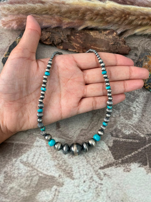 Handmade Sterling Silver Kingman Turquoise Beaded Necklace Signed Nizhoni