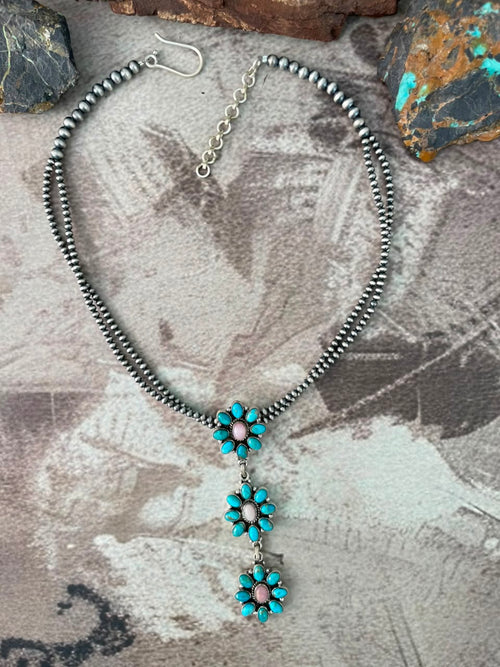Handmade Sterling Silver Kingman Turquoise with Pink Opal Beaded Necklace Signed Nizhoni
