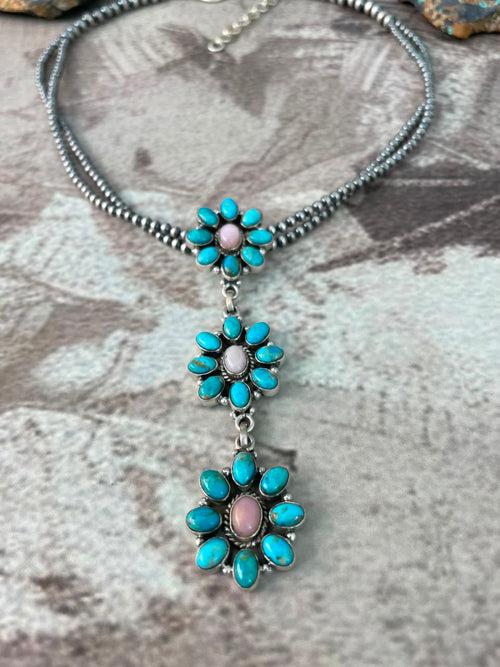 Handmade Sterling Silver Kingman Turquoise with Pink Opal Beaded Necklace Signed Nizhoni