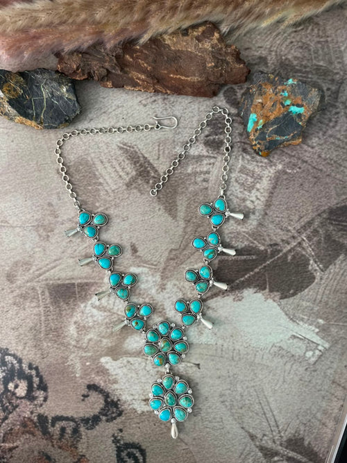 Handmade Sterling Silver Kingman Turquoise Squash Blossom Necklace Signed Nizhoni