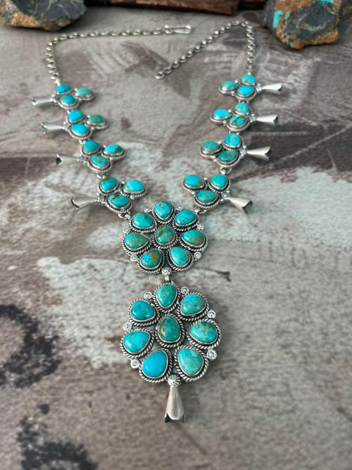 Handmade Sterling Silver Kingman Turquoise Squash Blossom Necklace Signed Nizhoni