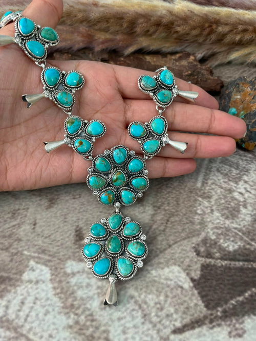 Handmade Sterling Silver Kingman Turquoise Squash Blossom Necklace Signed Nizhoni