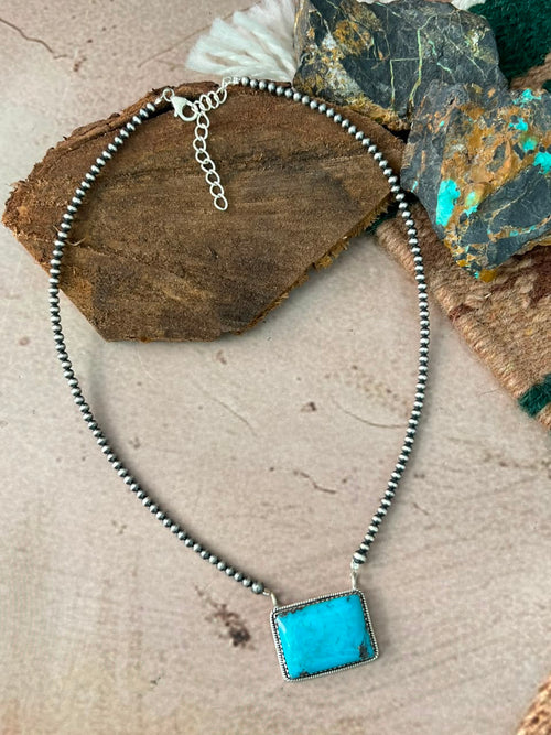 Handmade Sterling Silver Blue Kingman Turquoise Beaded Necklace Signed Nizhoni
