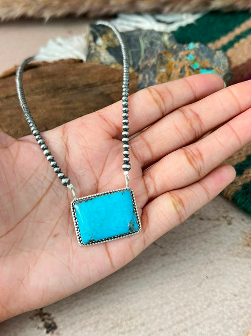 Handmade Sterling Silver Blue Kingman Turquoise Beaded Necklace Signed Nizhoni