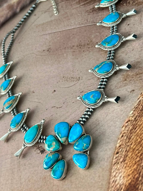 Handmade Sterling Silver Hardy Pit Collection: Beaded Squash Blossom Naja Necklace Signed Nizhoni