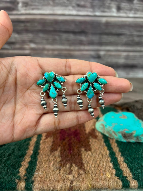 Handmade Sterling Silver Kingman Turquoise Post Dangle Beaded Earrings Signed Nizhoni