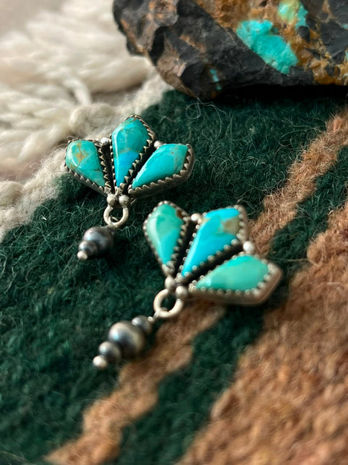 Handmade Sterling Silver Kingman Turquoise Post Dangle Beaded Earrings Signed Nizhoni