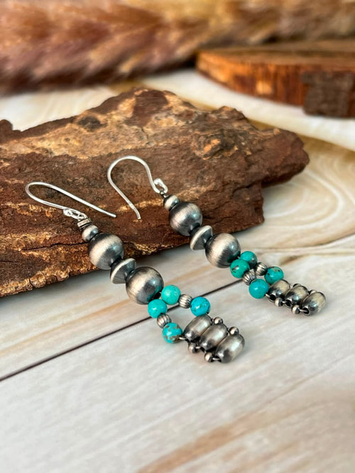 Handmade Sterling Silver Kingman Turquoise Hook Dangle Beaded Earrings