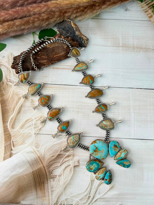 Handmade Sterling Silver Royston Ribbon Turquoise Collection: Naja Squash Blossom Beaded Necklace Signed Nizhoni