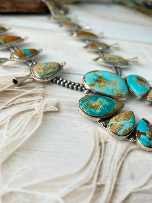 Handmade Sterling Silver Royston Ribbon Turquoise Collection: Naja Squash Blossom Beaded Necklace Signed Nizhoni